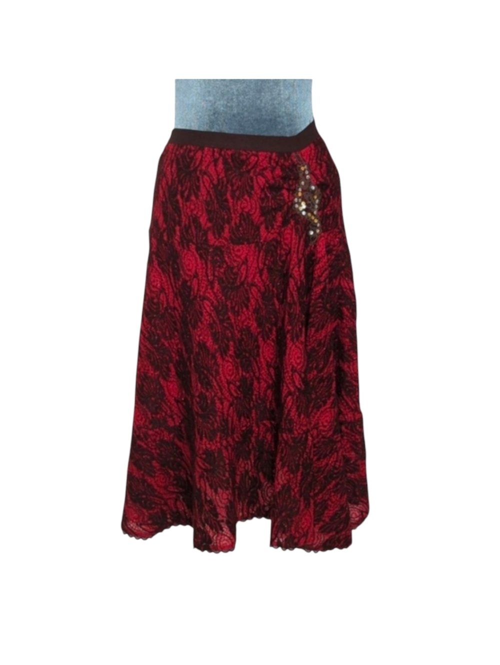 Free People Vintage Red  Flowy Lace Overlay Embellished Skirt